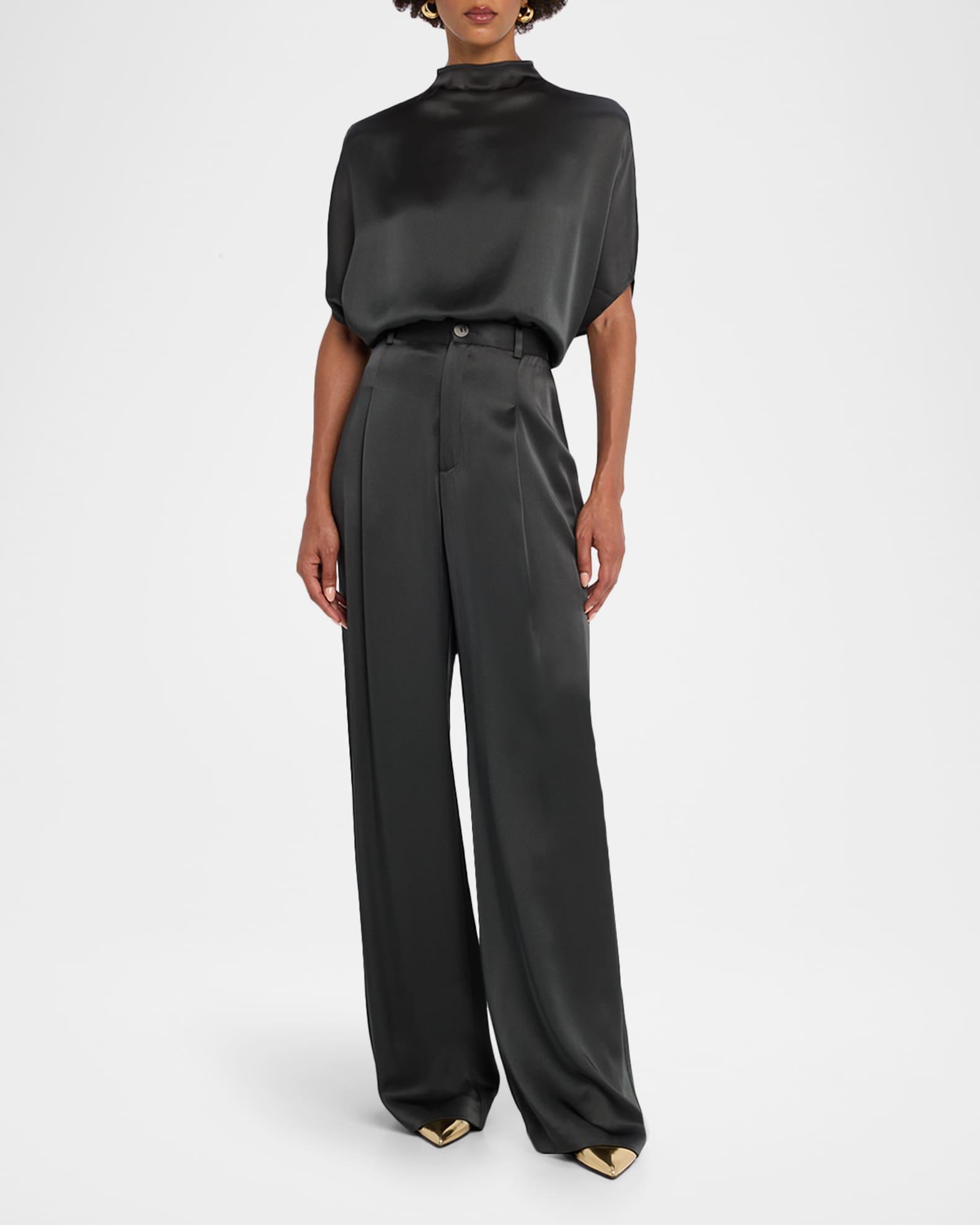Pleated Wide-Leg Satin Pants Product Image
