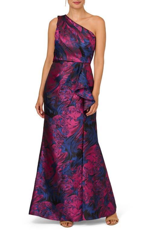 Adrianna Papell Floral Jacquard One Shoulder Sleeveless Mermaid Gown Product Image