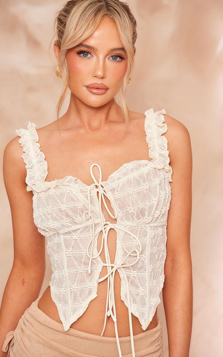 Cream Textured Floral Lace Up Front Top Product Image