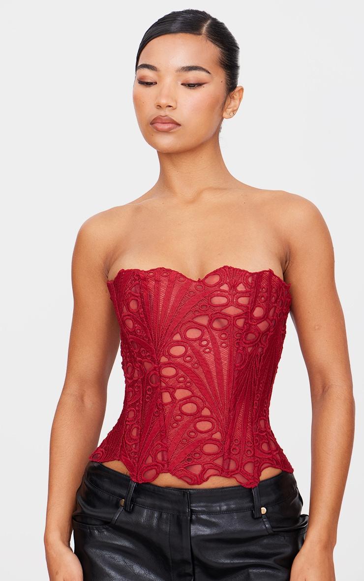 Burgundy Textured Sheer Floral Lace Corset Product Image