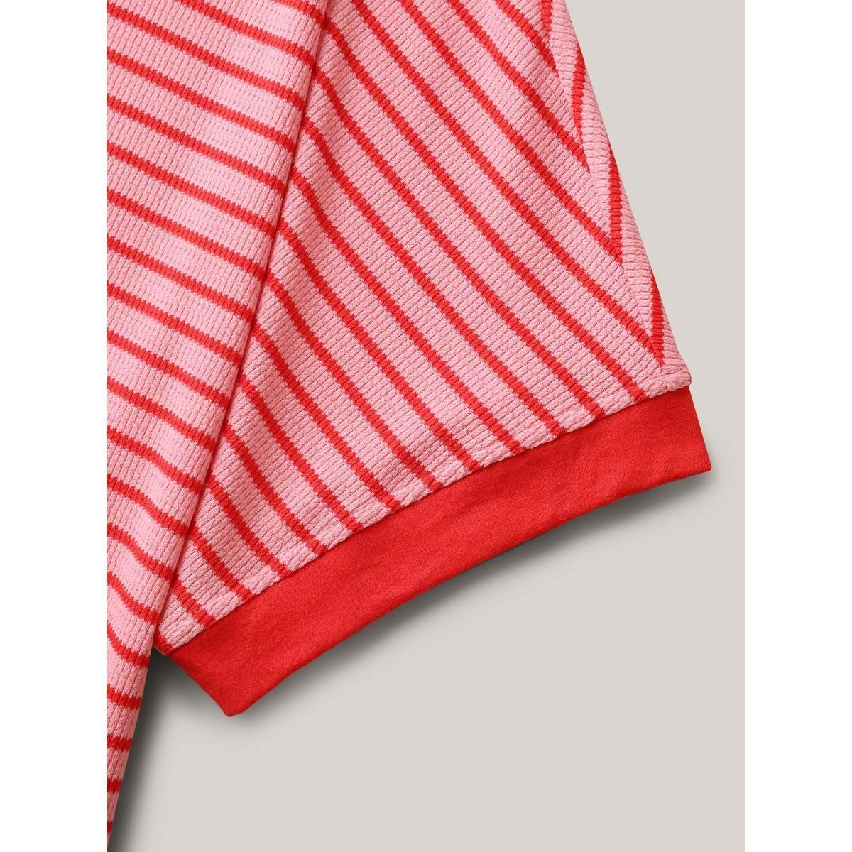 Plus Size Romantic Stripes Contrast T-Shirt Blush Women Playful Gathered Round Neck Loose Casual T-shirts BloomChic 10/M Product Image