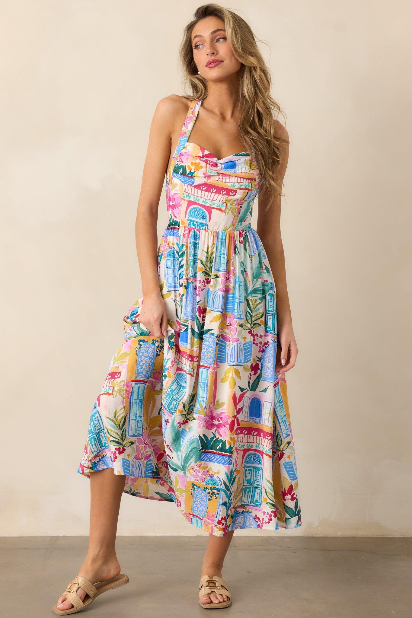 Seaside Brunch Blue Multi Tropical Print Maxi Dress Product Image