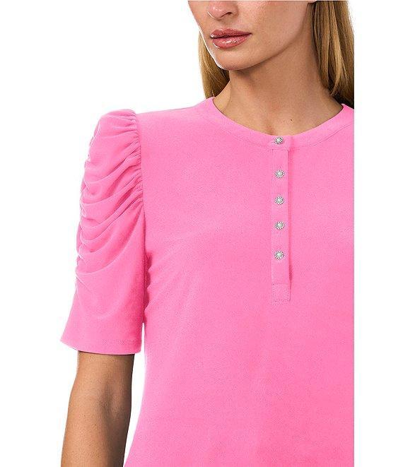 CeCe Round Neck 3/4 Puff Sleeve Button Front Blouse Product Image