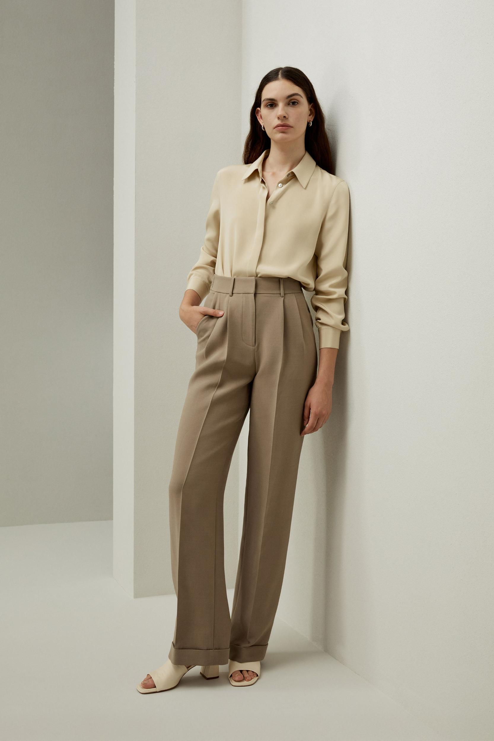 Silk-Wool Blend Khaki Minimalist Trousers Product Image