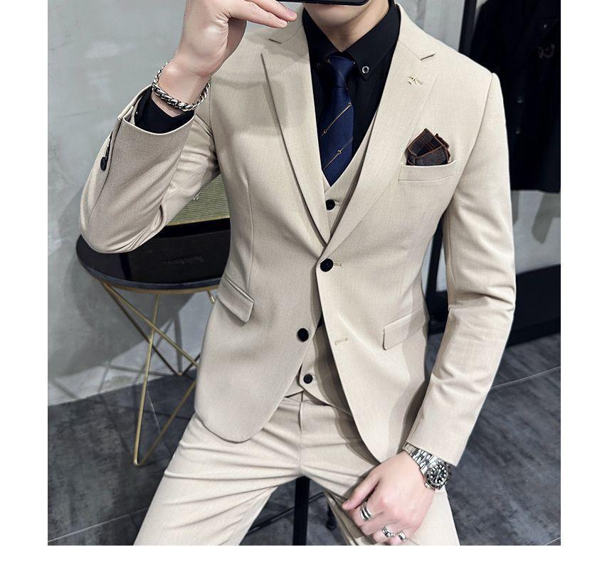 Set: Plain Single-Breasted Blazer + Vest + Straight Leg Dress Pants Product Image