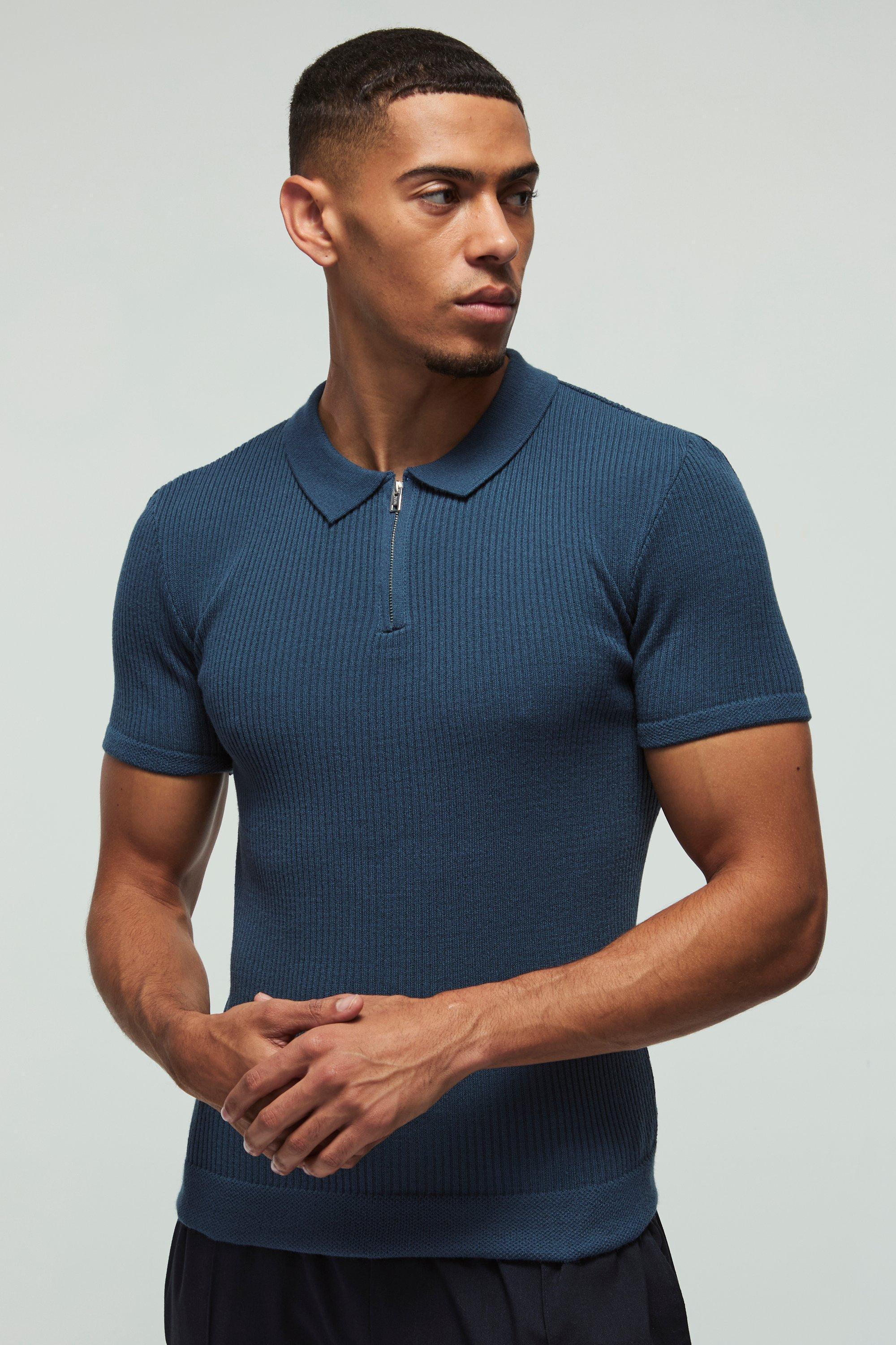 Mens Muscle Fit Ribbed Zip Neck Knitted Polo - Navy Product Image