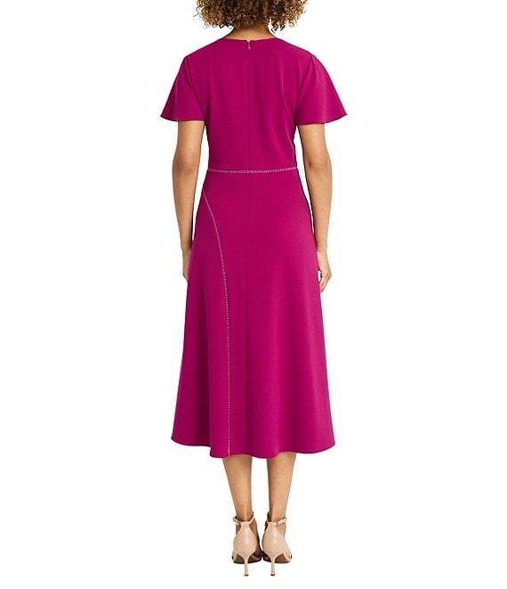 Maggy London V-Neck Flutter Sleeve Asymmetrical Lattice Scuba Crepe Midi Dress Product Image