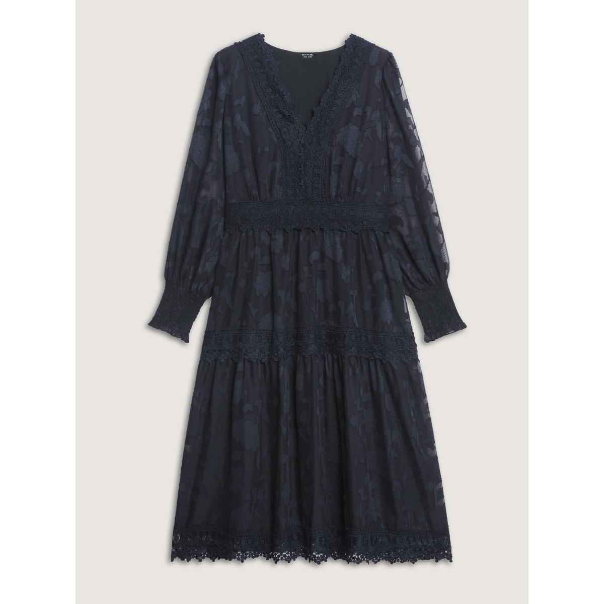Plus Size Lace Textured Pleated Waist Tiered Midi Dress Indigo Women Romantic See through V-neck Long Sleeve Curvy BloomChic 28/5X Product Image
