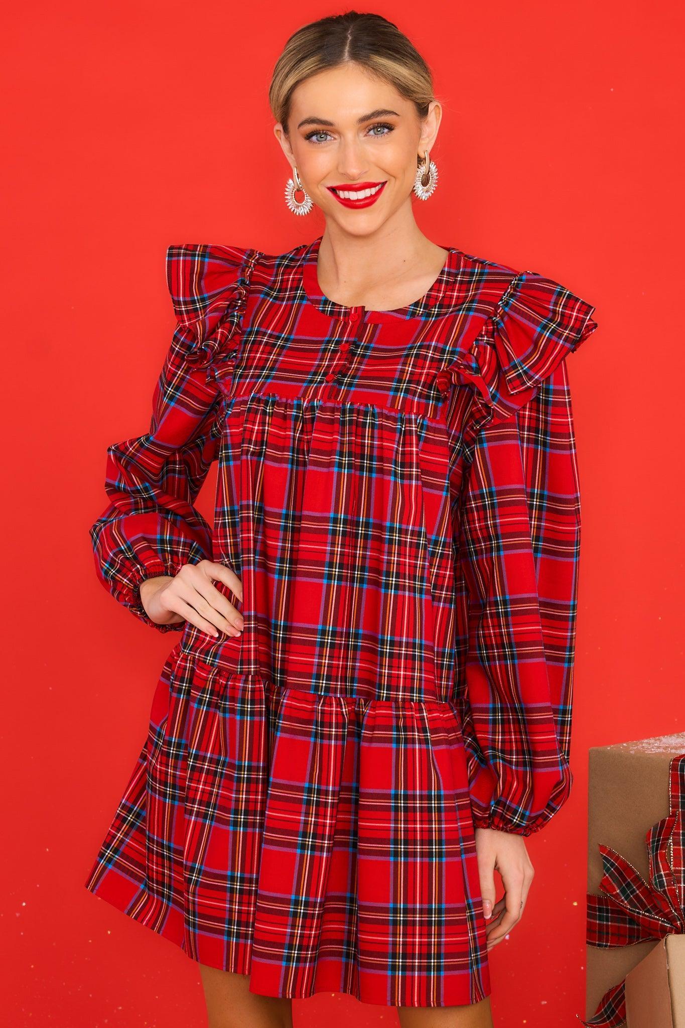 Aura Yuletide Elegance Red Plaid Dress Product Image