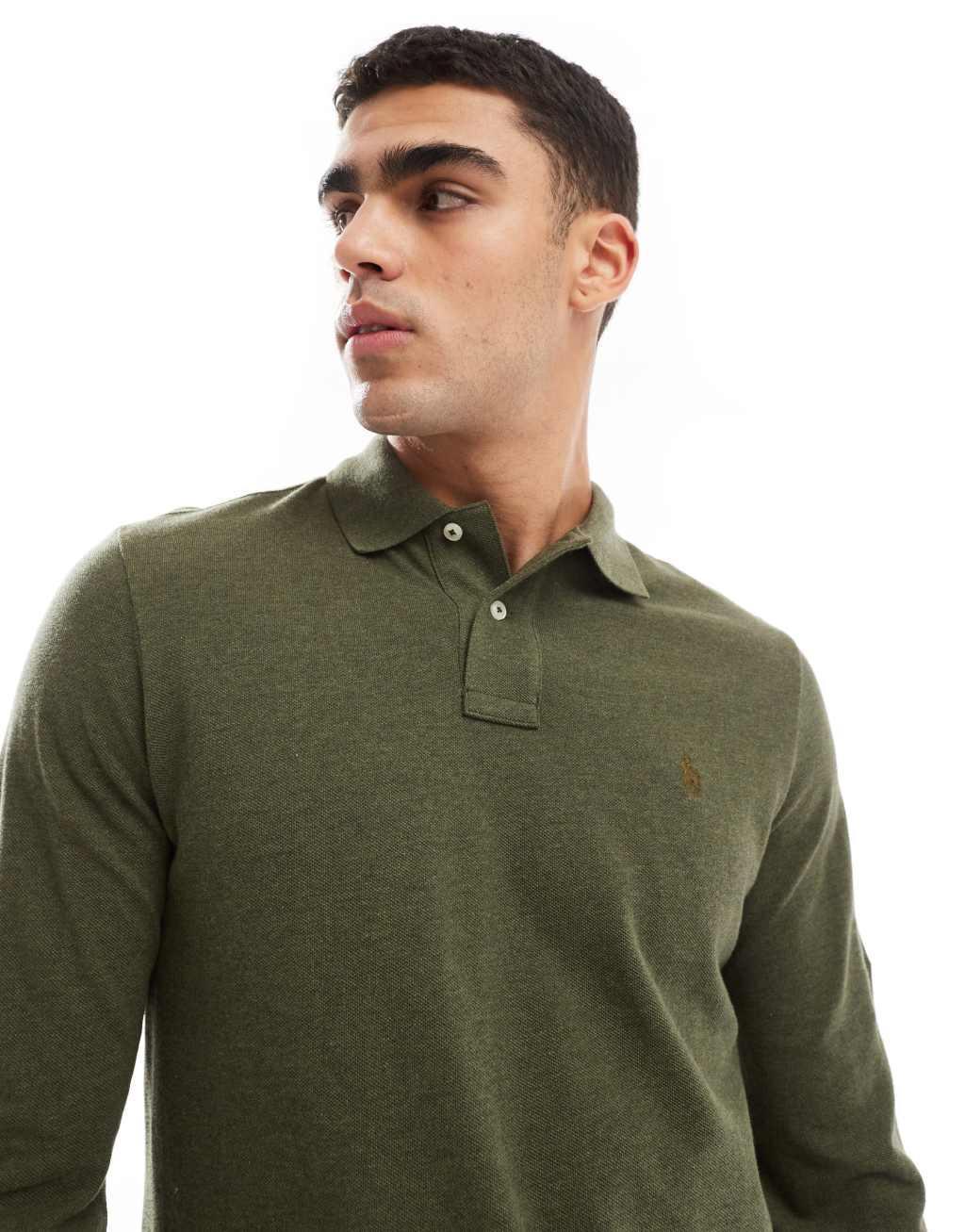 Polo Ralph Lauren icon logo long sleeve pique polo in dark green heather Product Image