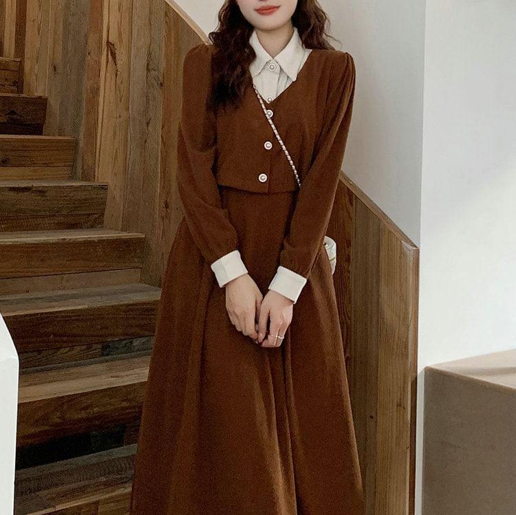 Mock Two-Piece Long-Sleeve Collar Two Tone Button Corduroy Midi A-Line Dress Product Image