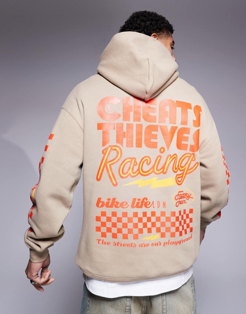 Cheats & Thieves racing back print hoodie in dark beige Product Image