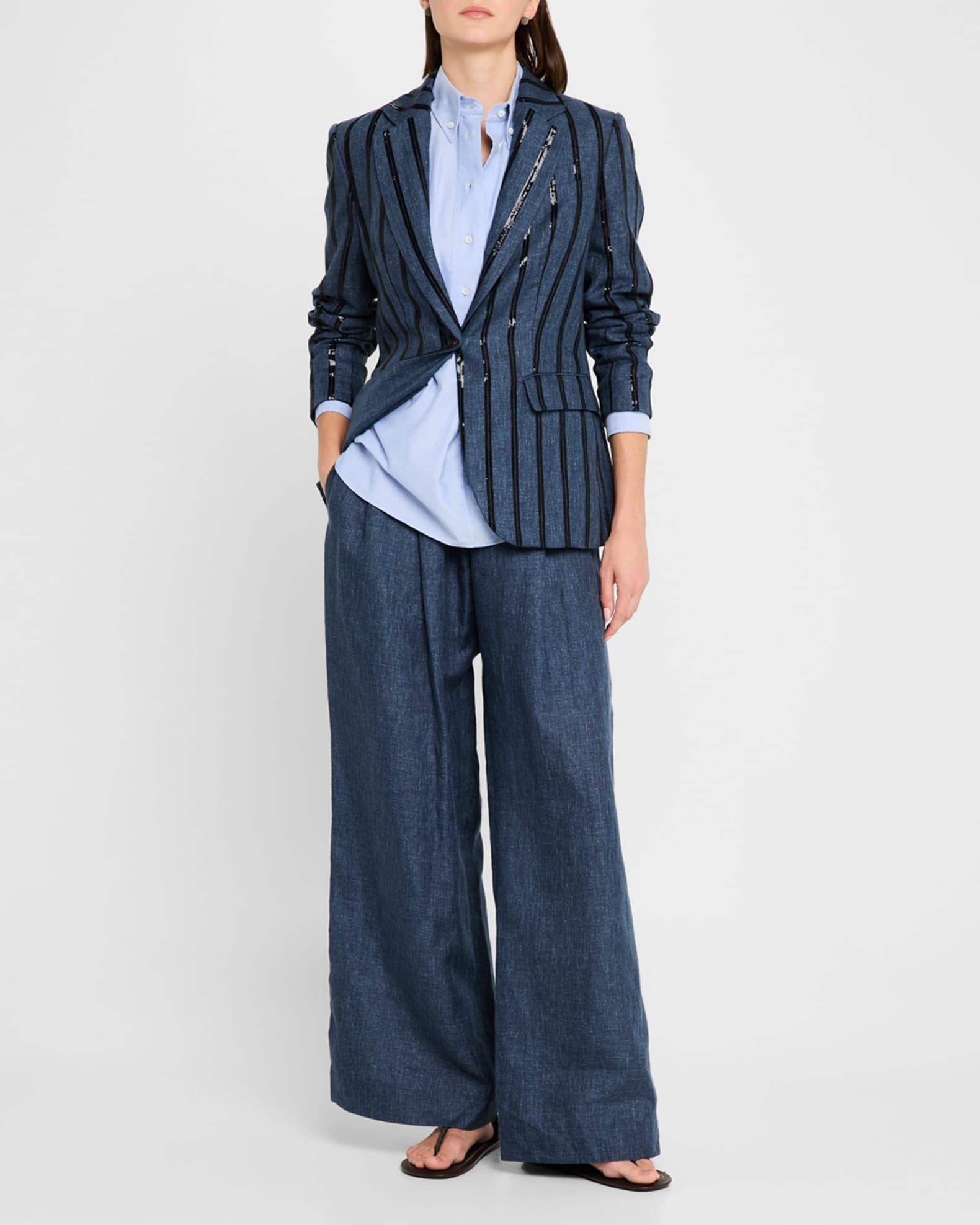 Paillette Striped Denim-Effect Linen Single-Breasted Blazer Product Image