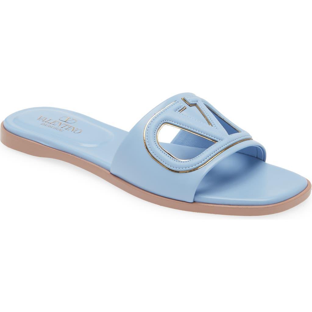 Vlogo Leather Cutout Flat Slide Sandals In Azure Antique Brass Product Image