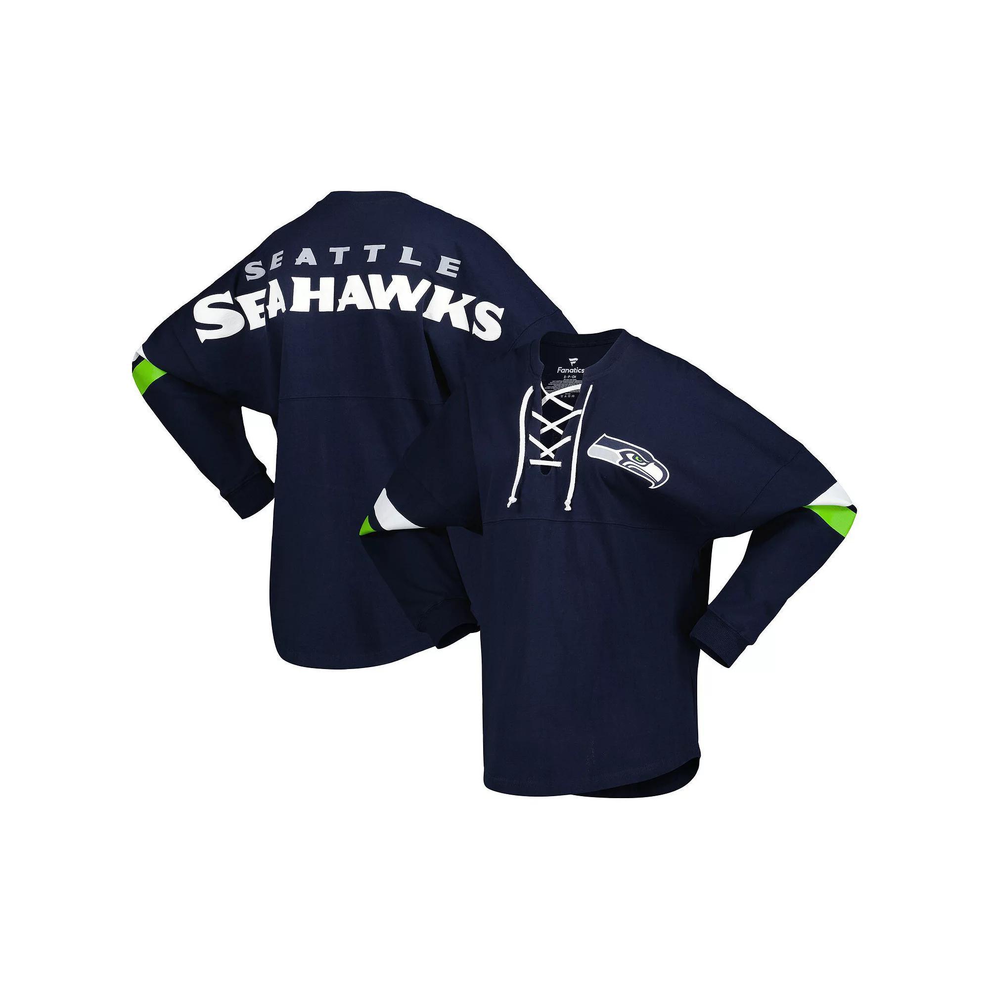 Women's Fanatics Branded College Navy Seattle Seahawks Spirit Jersey Lace-Up V-Neck Long Sleeve T-Shirt, Size: Small, Blue Product Image