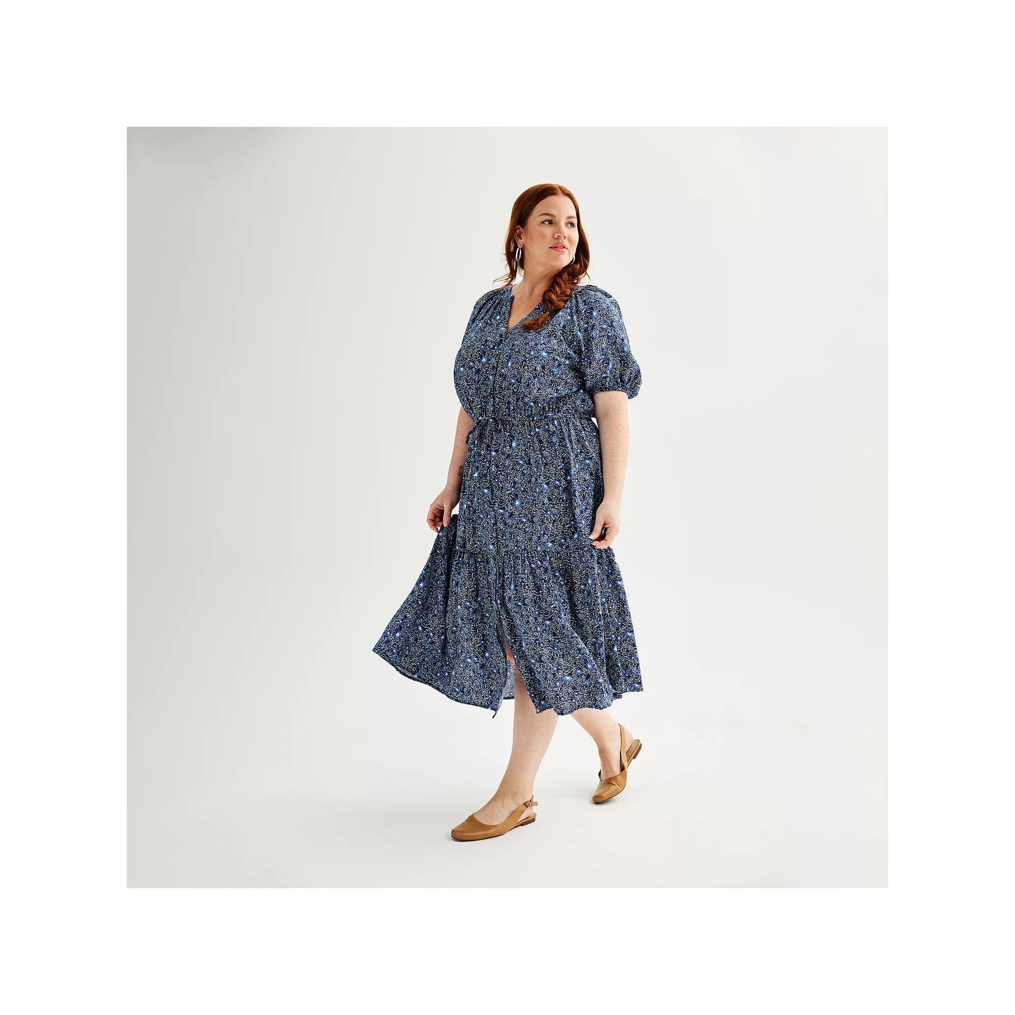 Plus Size Sonoma Goods For Life® Puff Sleeve V-Neck Tiered Midi Dress, Women's, Size: 4XL, Blue Navy Floral Product Image