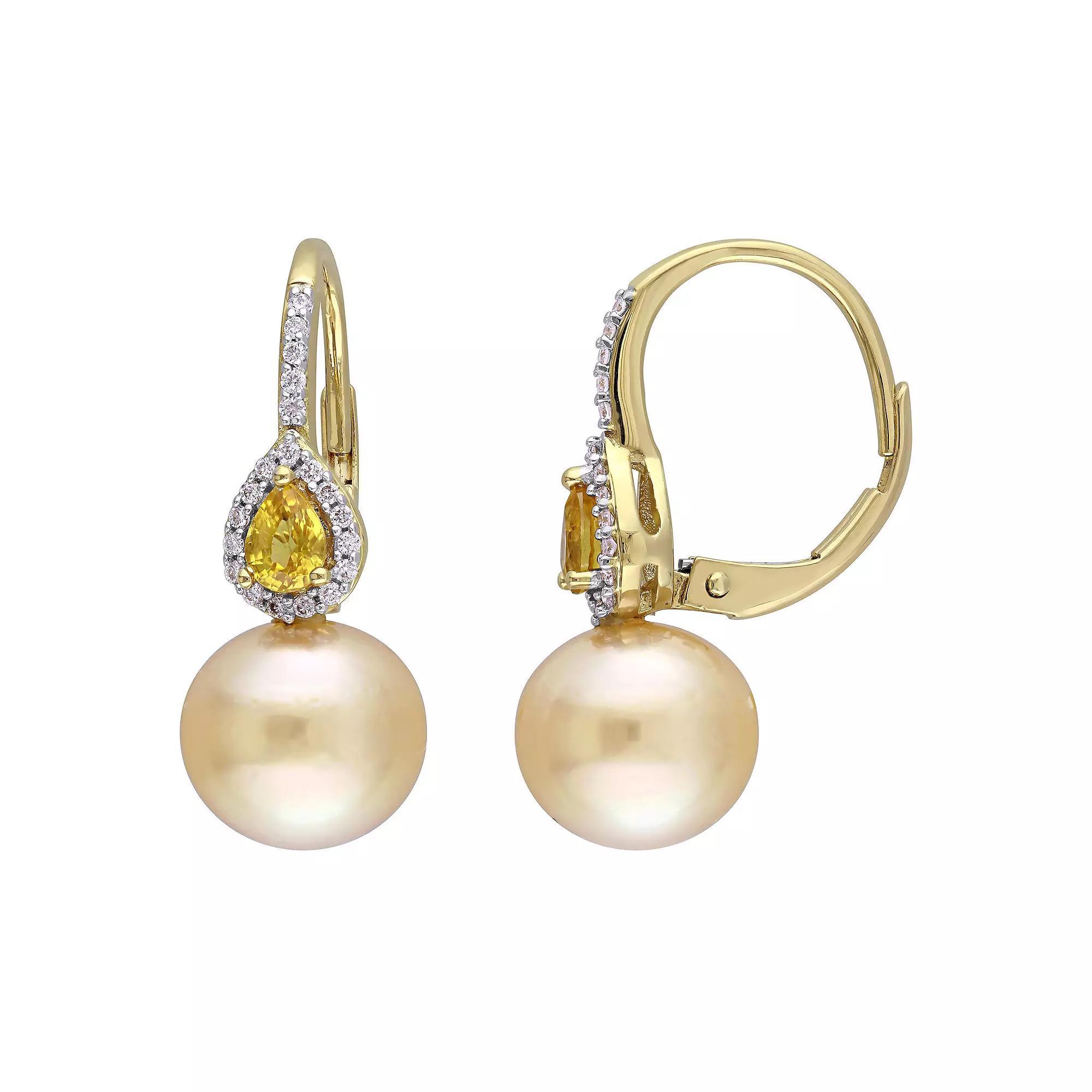 Stella Grace 14k Gold South Sea Cultured Pearl, Yellow Sapphire & 1/8 Carat T.W. Diamond Drop Leverback Earrings, Women's Product Image
