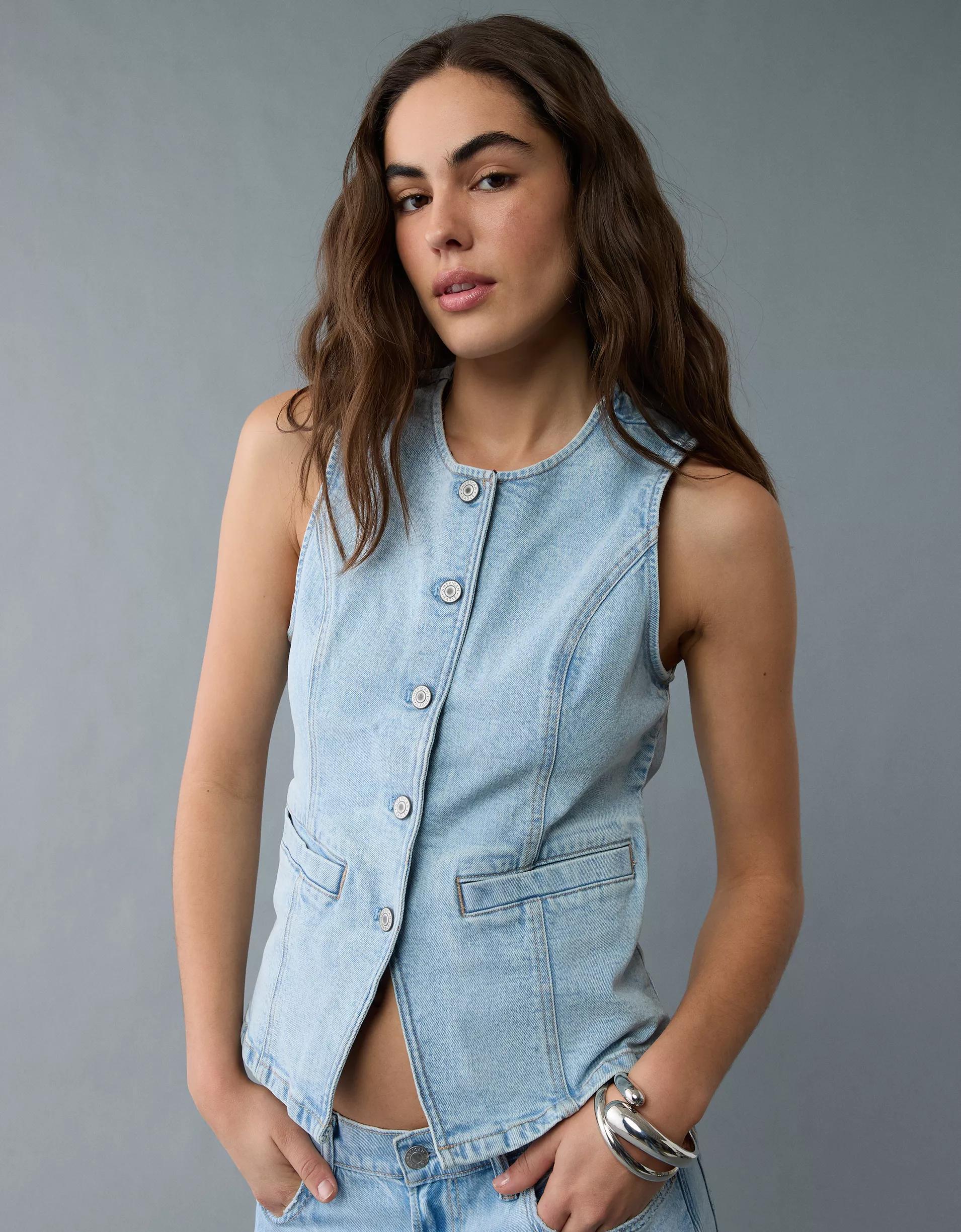 AE Crew Neck Button-Up Denim Vest Product Image