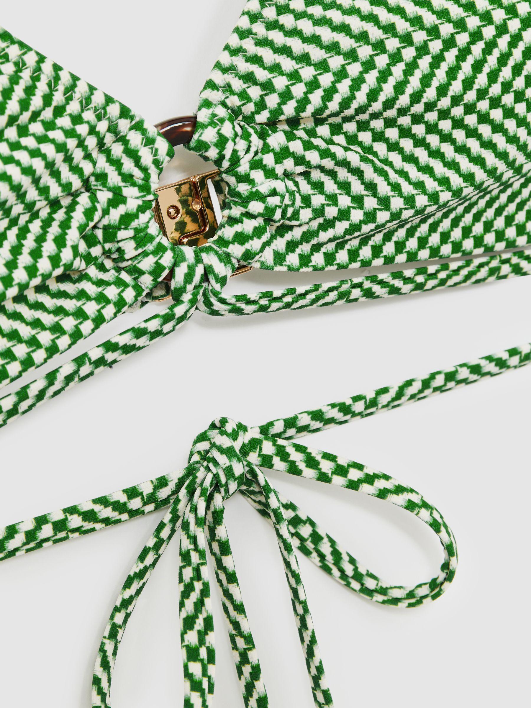 Chequered-Print Triangle Bikini Top in Green/White Product Image