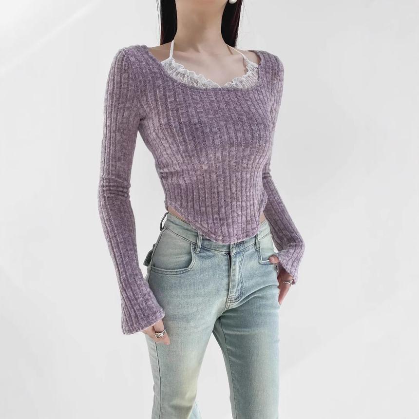 Mock Two-Piece Long-Sleeve Halter Melange Lace Panel Ribbed Crop Knit Top Product Image