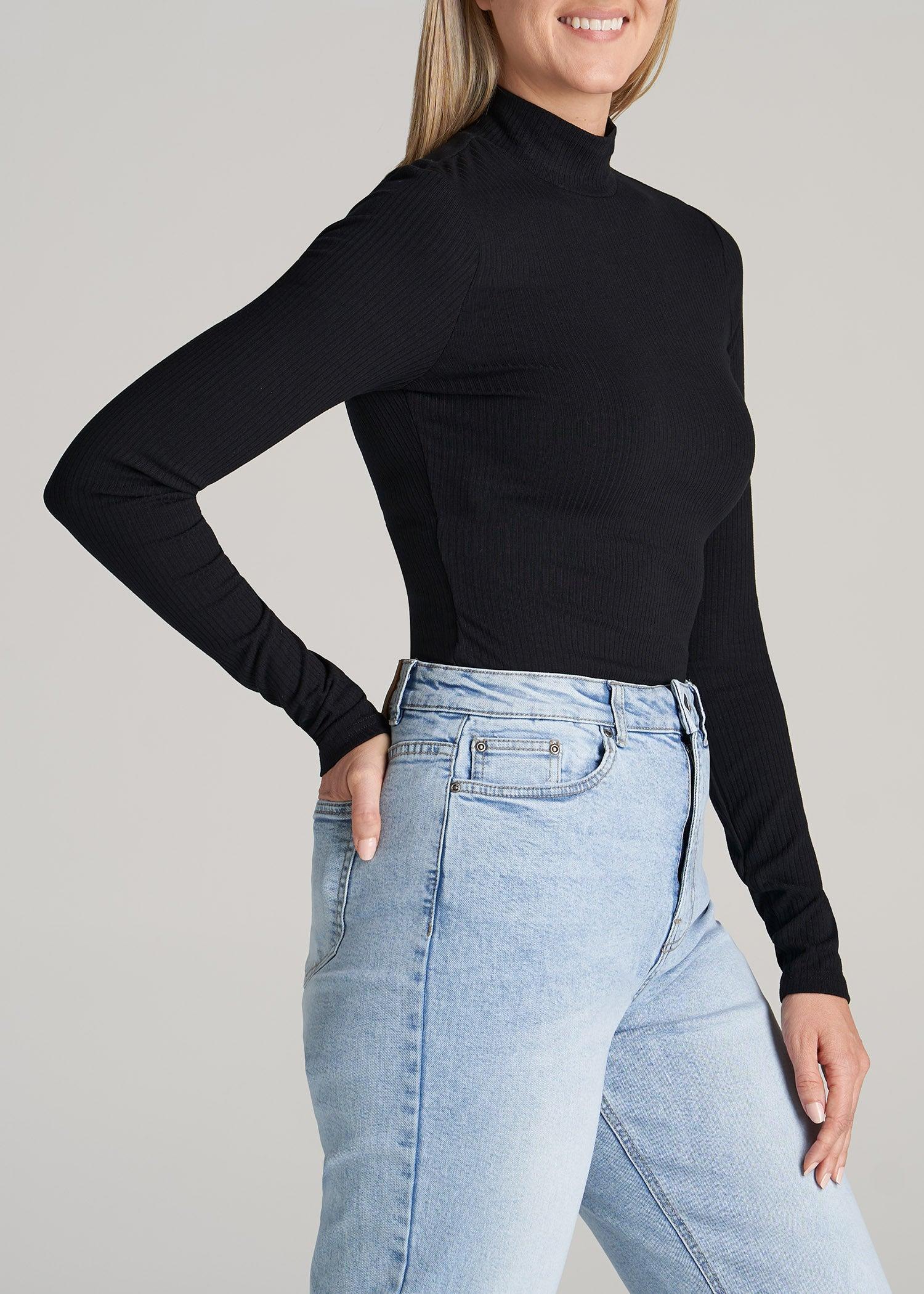 Long Sleeve Mock Neck Ribbed Top for Tall Women in Black Product Image