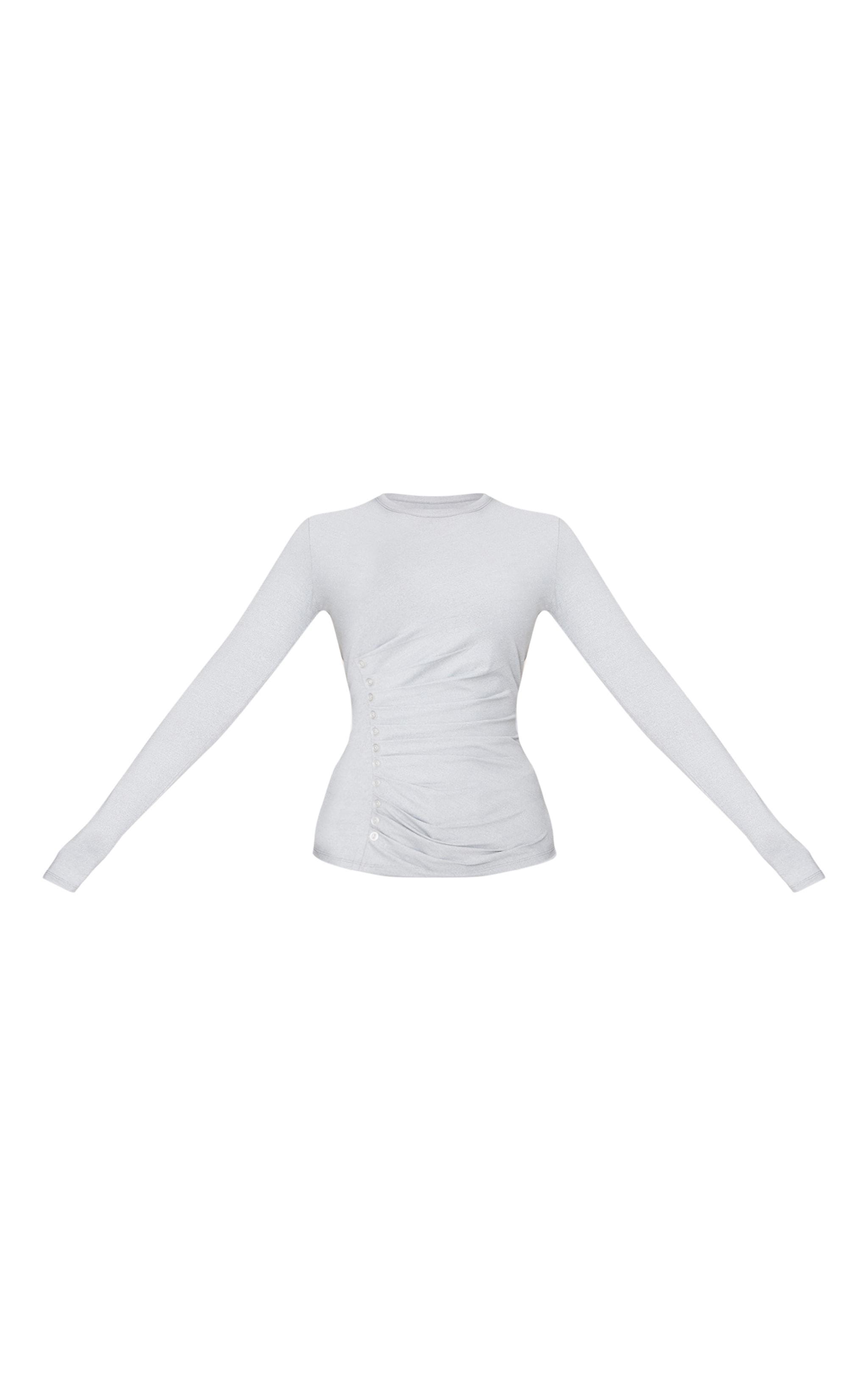 Petite Grey Marl Long Sleeve Button Detail Top Product Image