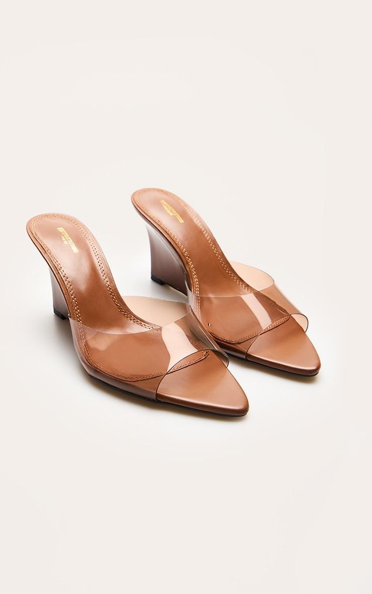 Brown Wide Fit Pu Point Toe Perspex Strap Heeled Wedges Product Image