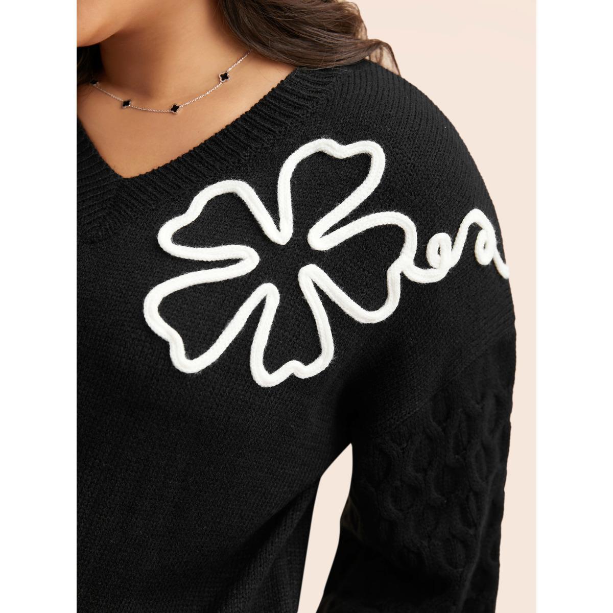 Plus Size Crochet Floral Texture V Neck Pullover Black Women Casual Loose Long Sleeve V-neck Everyday Pullovers BloomChic 10/M Product Image