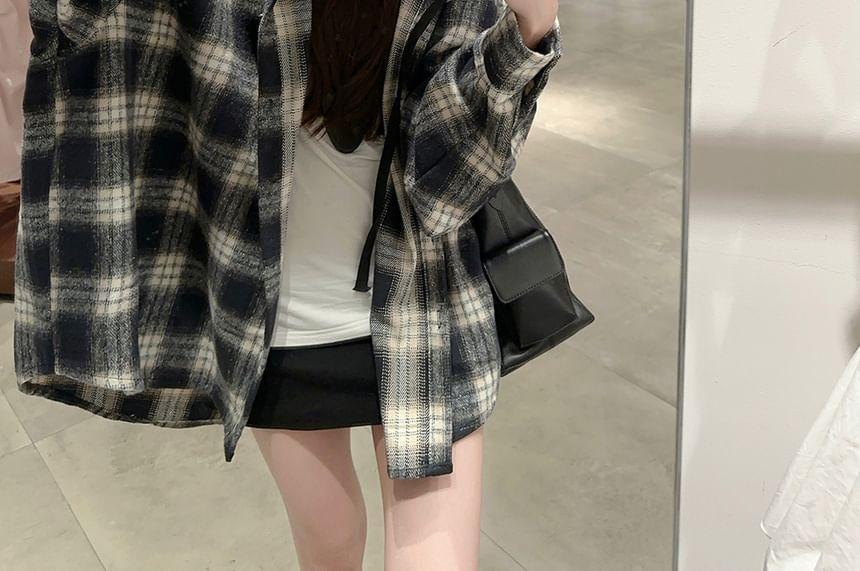 Hooded Button-Up Plaid Shirt Jacket Product Image