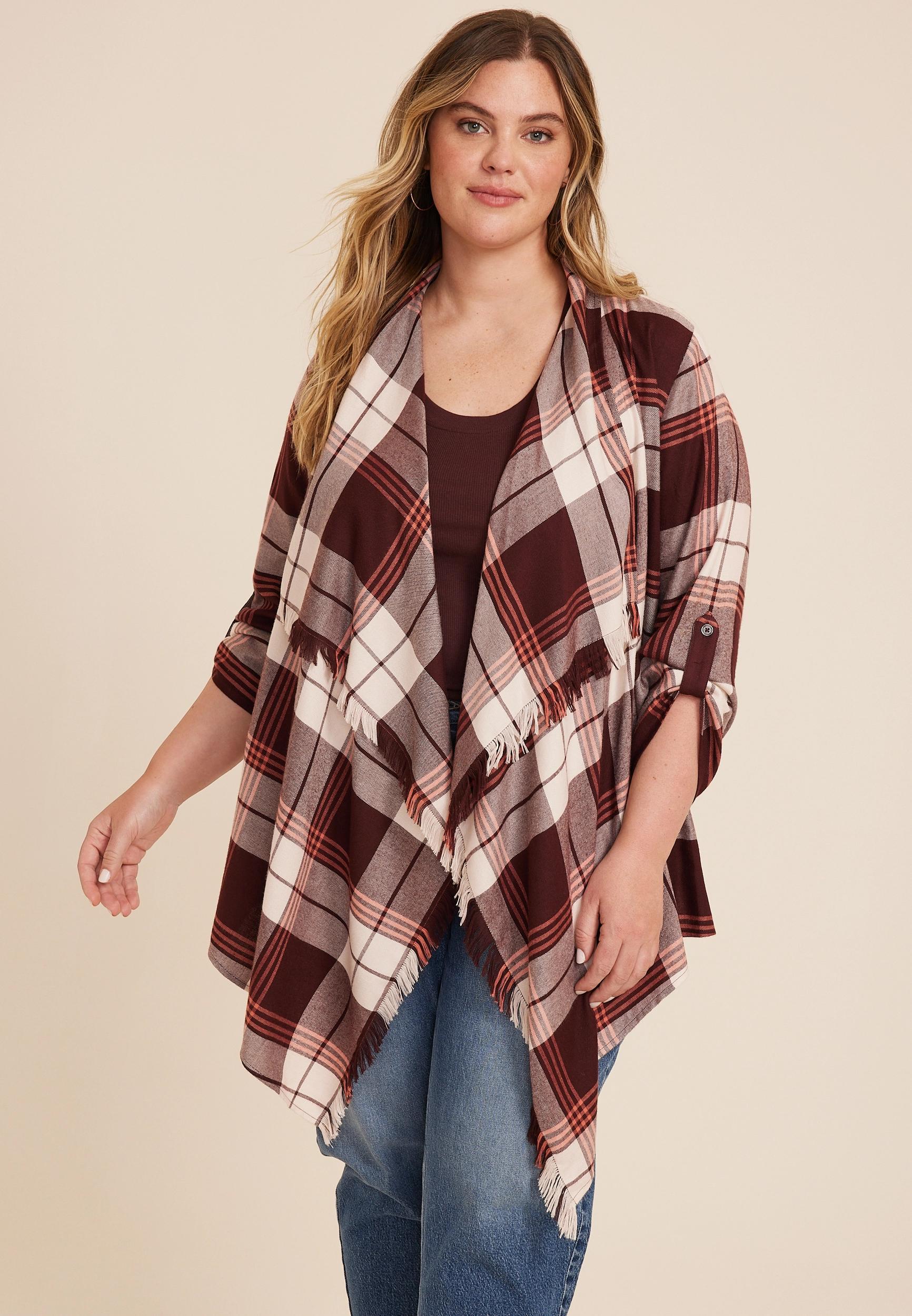 Maurices Plus Size Womens Plaid Open Front Kimono Beige Size 1X Product Image