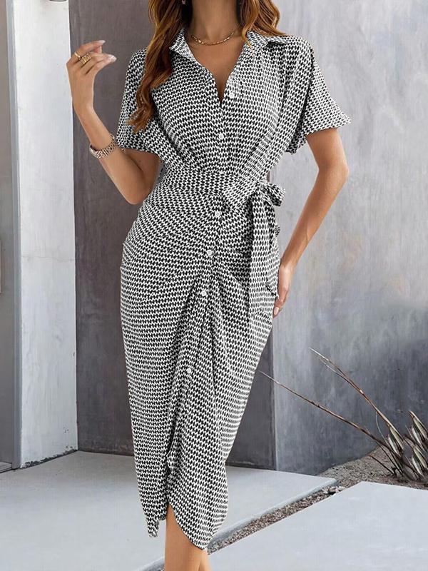 Bodycon Half Sleeves Buttoned Contrast Color Tied Waist Lapel Midi Dresses Product Image