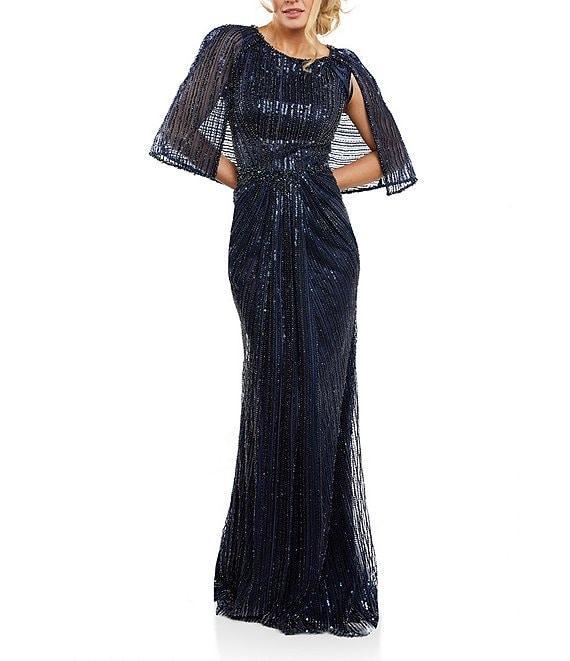 Terani Couture Round Neck Sequin Tulle Ruched Front Capelet Gown Product Image