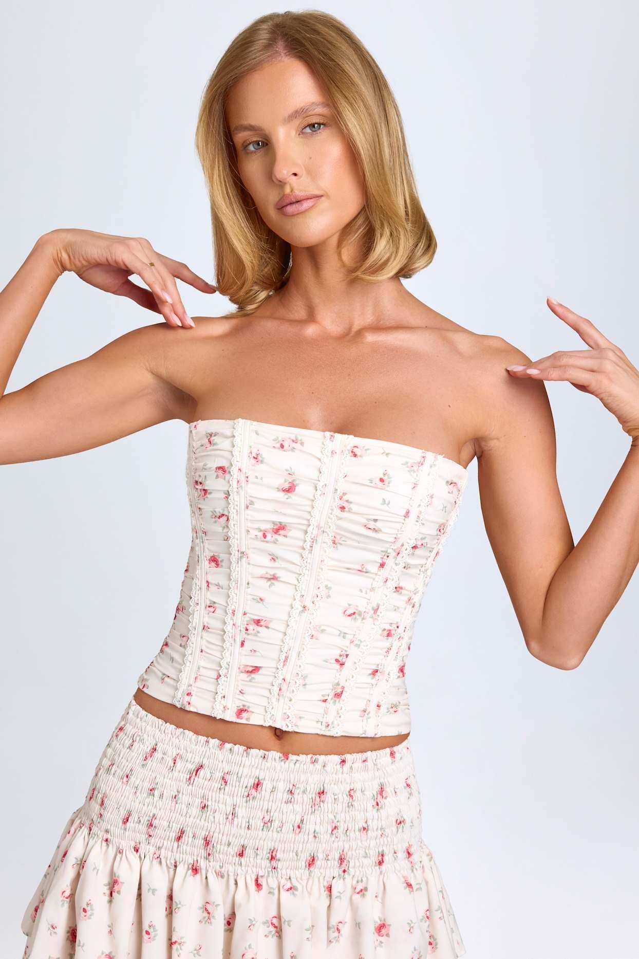 Ruched Lace-Up Corset Top in Small Rose Print Product Image