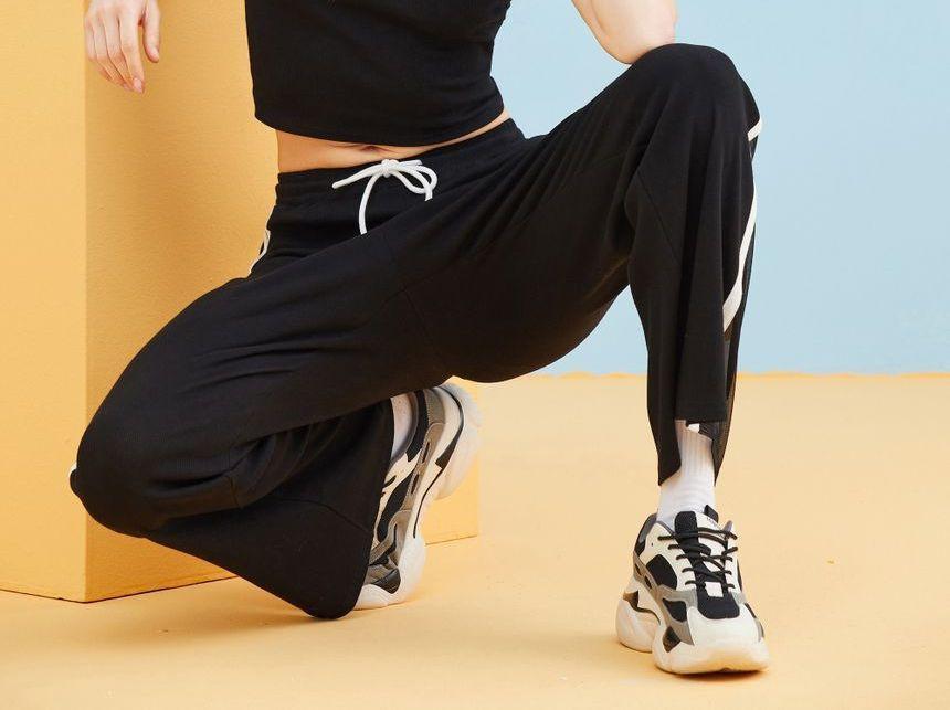 Eco-Friendly Drawstring Mesh Panel Striped Sweatpants Product Image