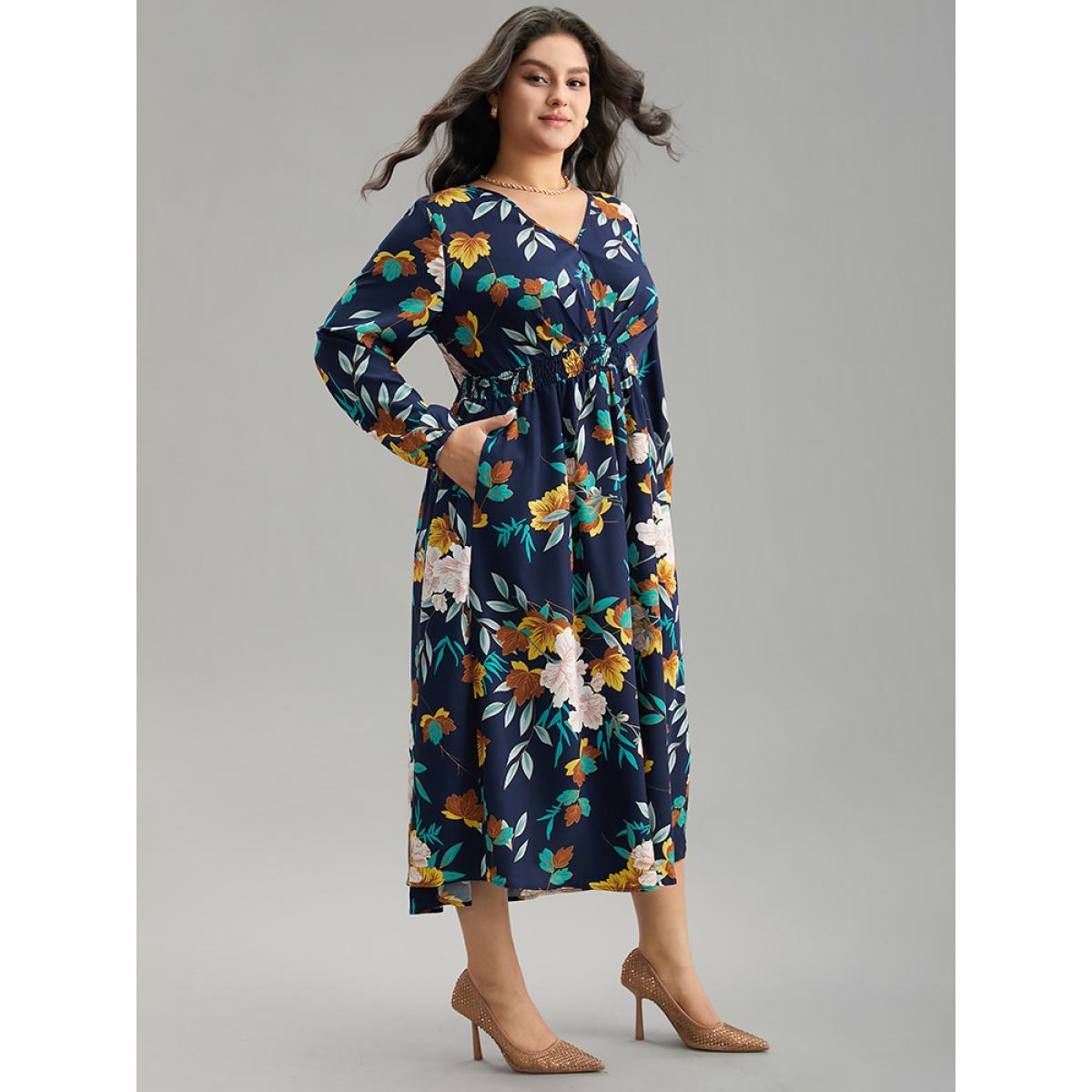 Plus Size Floral Print Shirred Lantern Sleeve Dress DarkBlue Women Elegant Elastic cuffs V-neck Long Sleeve Curvy Midi Dress BloomChic 28/5X Product Image