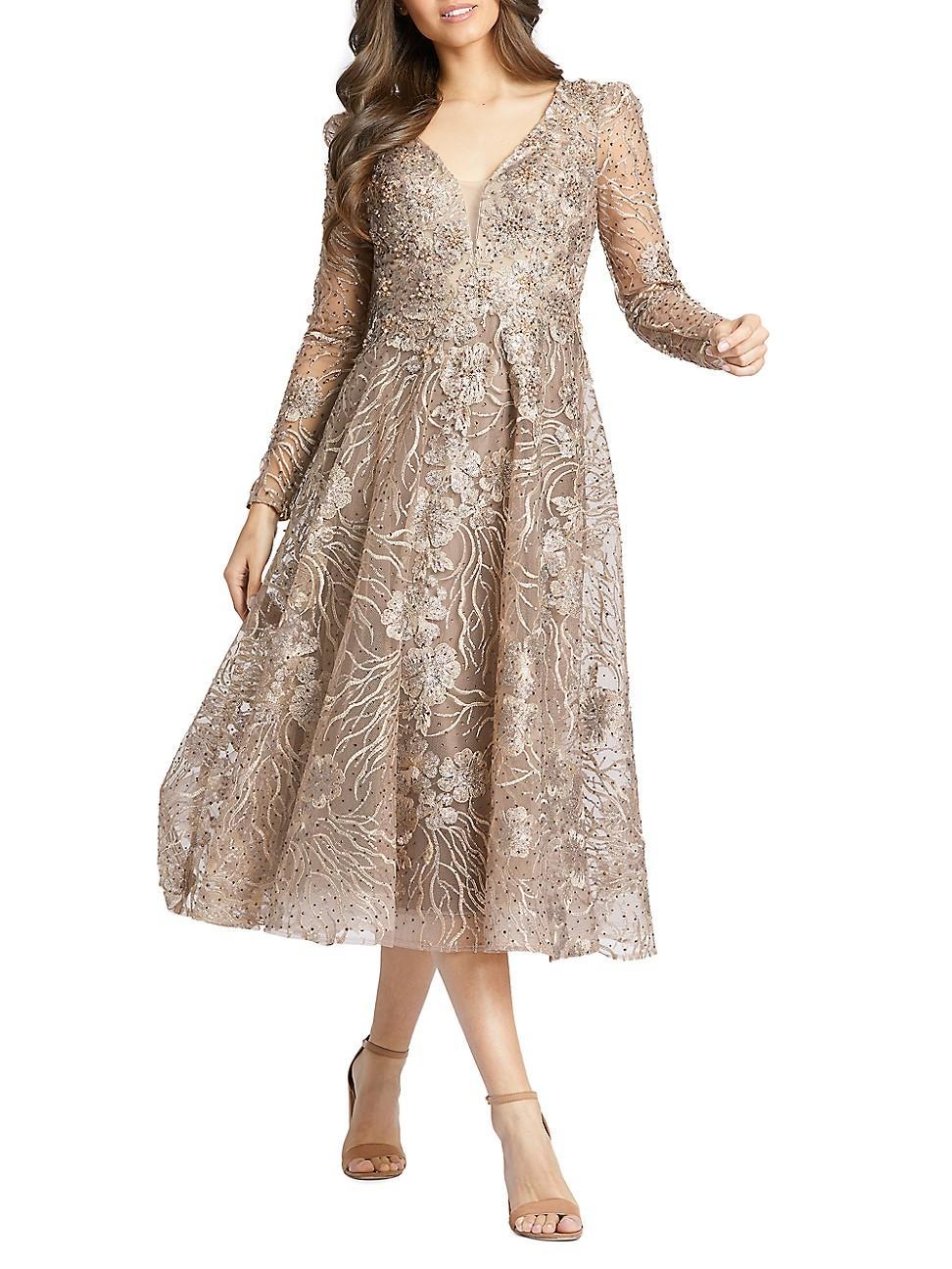 Womens Beaded & Sequined Floral Midi-Dress Product Image