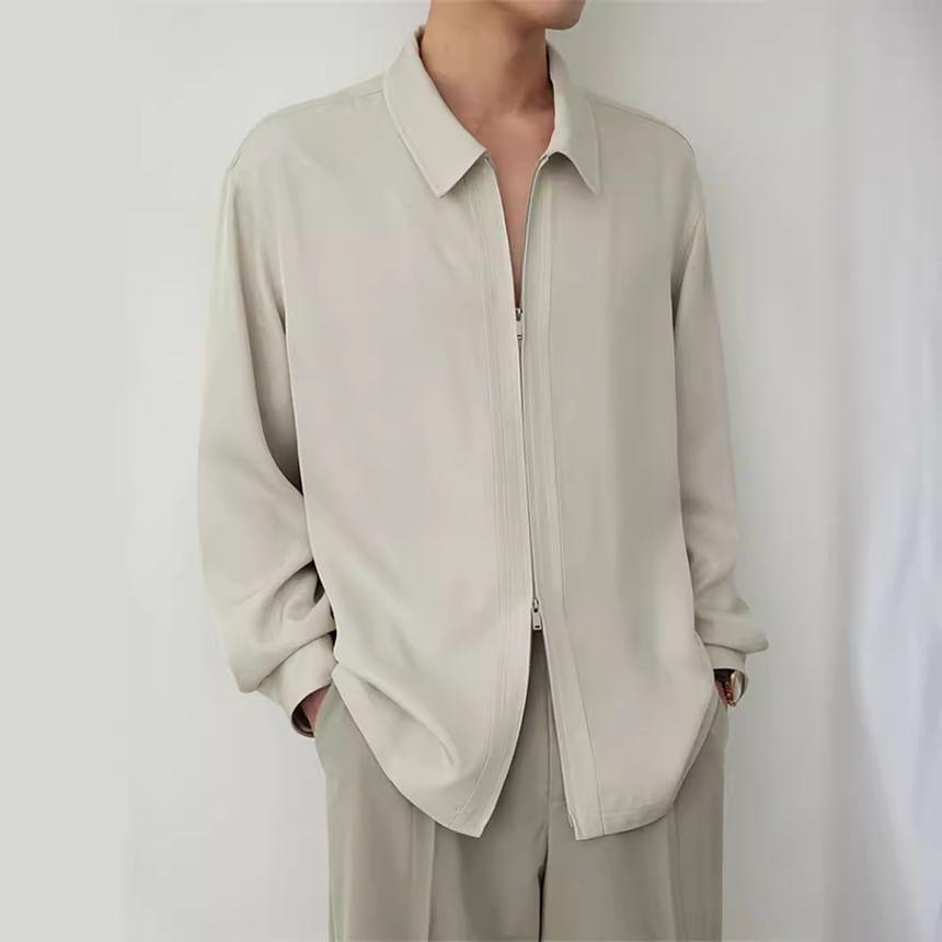 Long-Sleeve Zip-Up Plain Shirt Product Image