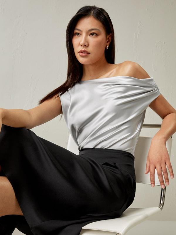 LILYSILK Female One Shoulder Silk Top - Silvergray Premium Silk - Perfect Wardrobe Staples Cowl Neck Silk Top 10 Product Image
