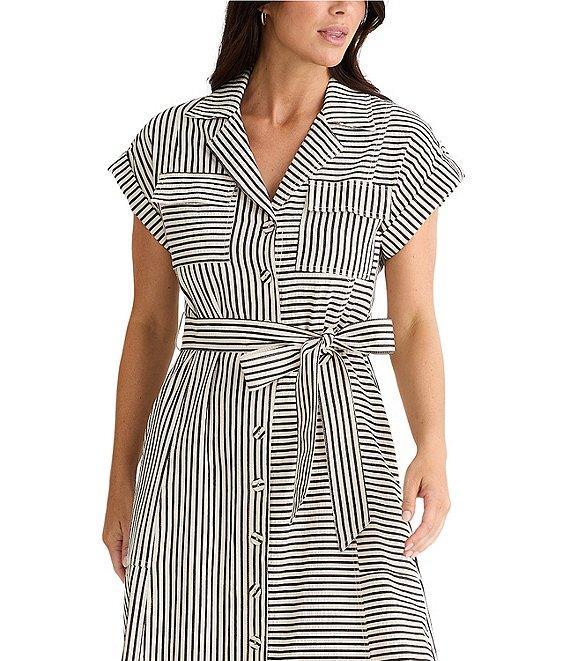 Brave + True Portia Short Cuffed Sleeve Striped Collared Button Front A-Line Midi Dress Product Image