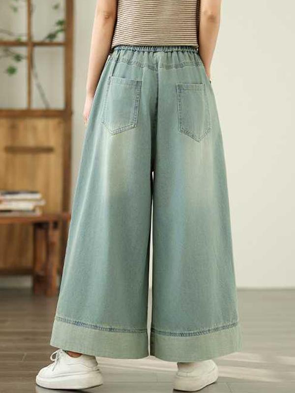 Loose Wide Leg Elasticity Pleated Pockets Jean Pants Bottoms Trousers Product Image