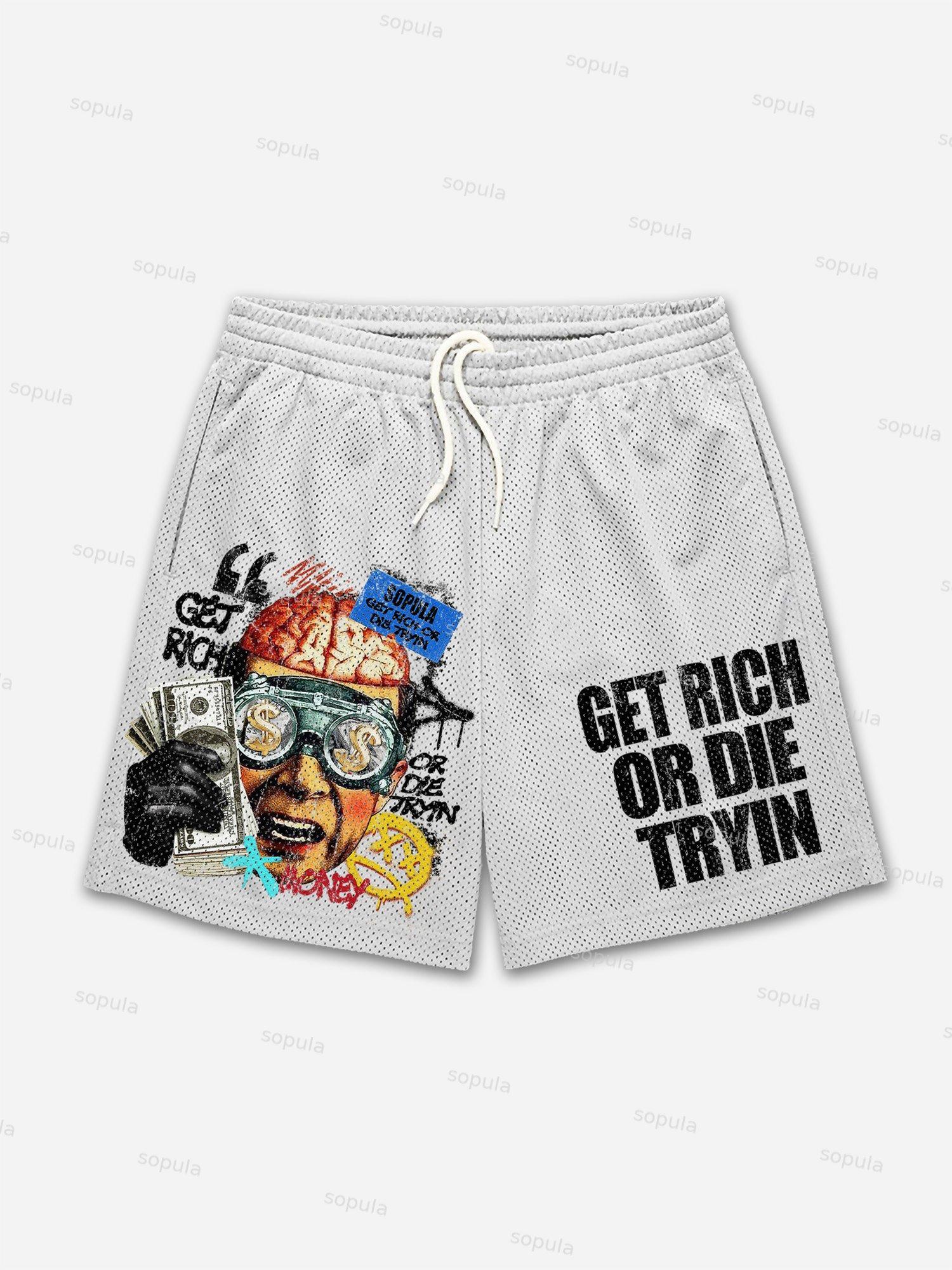 Vintage Get Rich Money Portrait Print Mesh Shorts Product Image