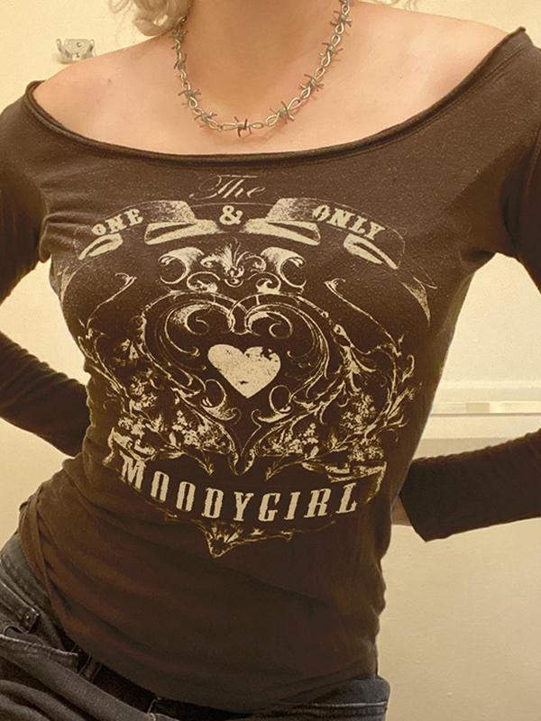 Vintage Heart Print Off Shoulder Long Sleeve Tee Product Image