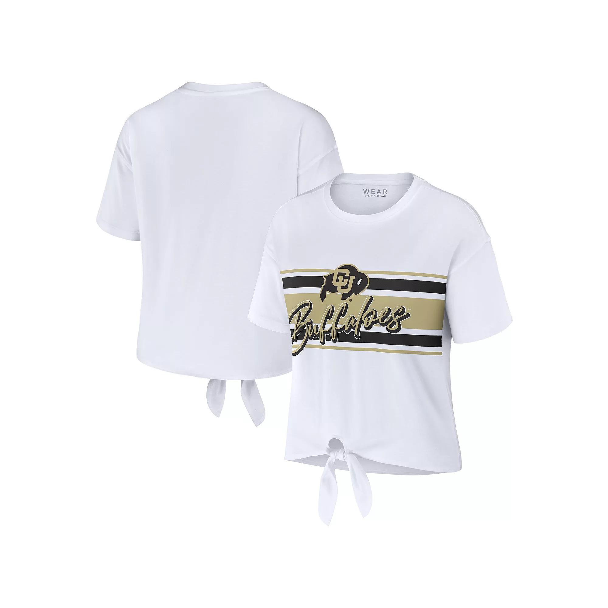 Women's WEAR by Erin Andrews White Colorado Buffaloes Striped Front Knot Cropped T-Shirt,  Product Image