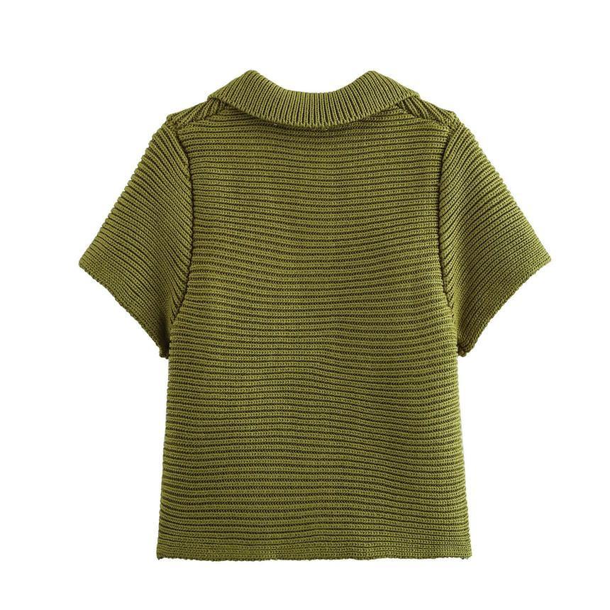 Short Sleeve Collared Plain Button Ribbed Knit Top Product Image