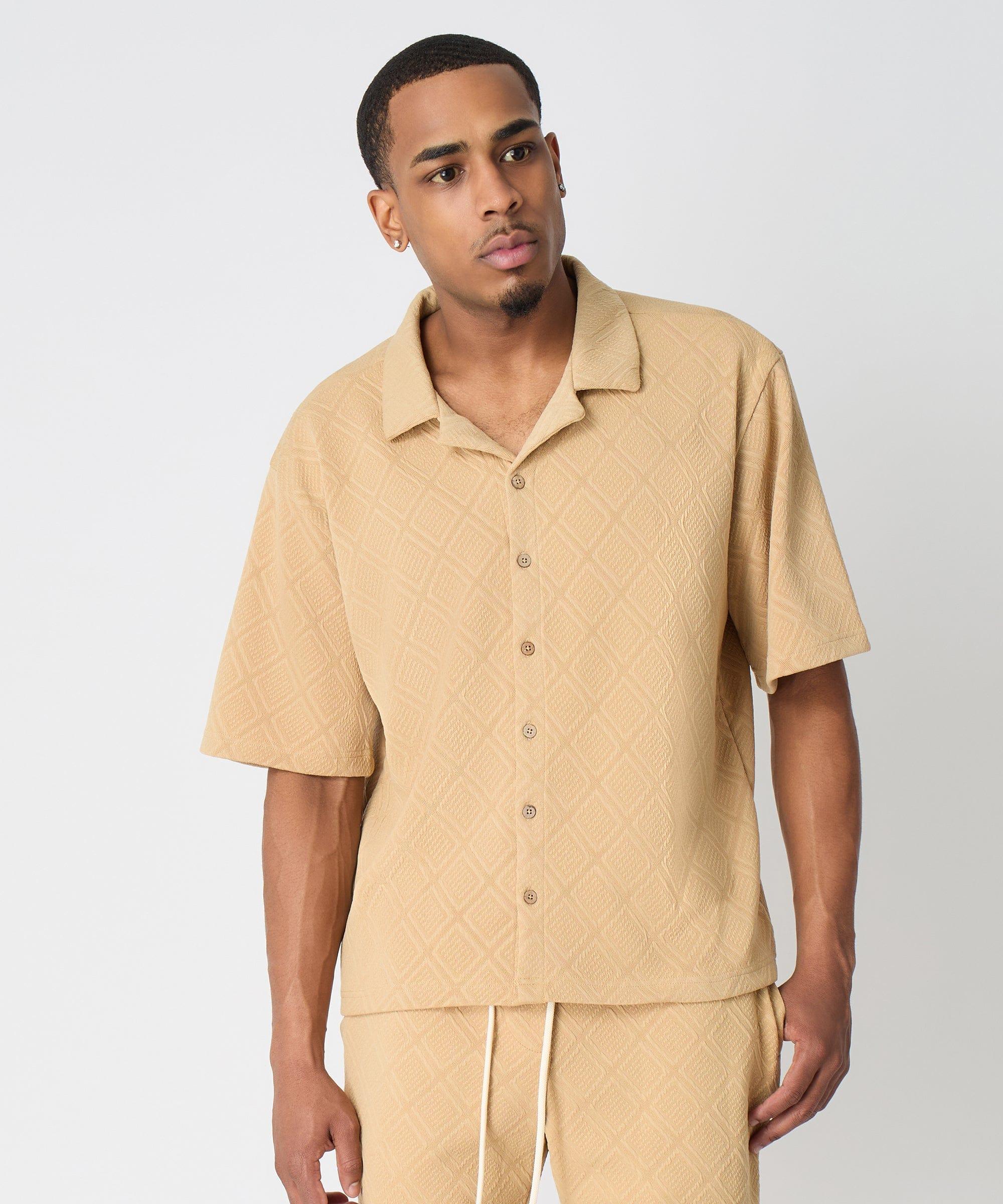 Textured Knit Short Sleeve Button Down Shirt - Taupe Product Image