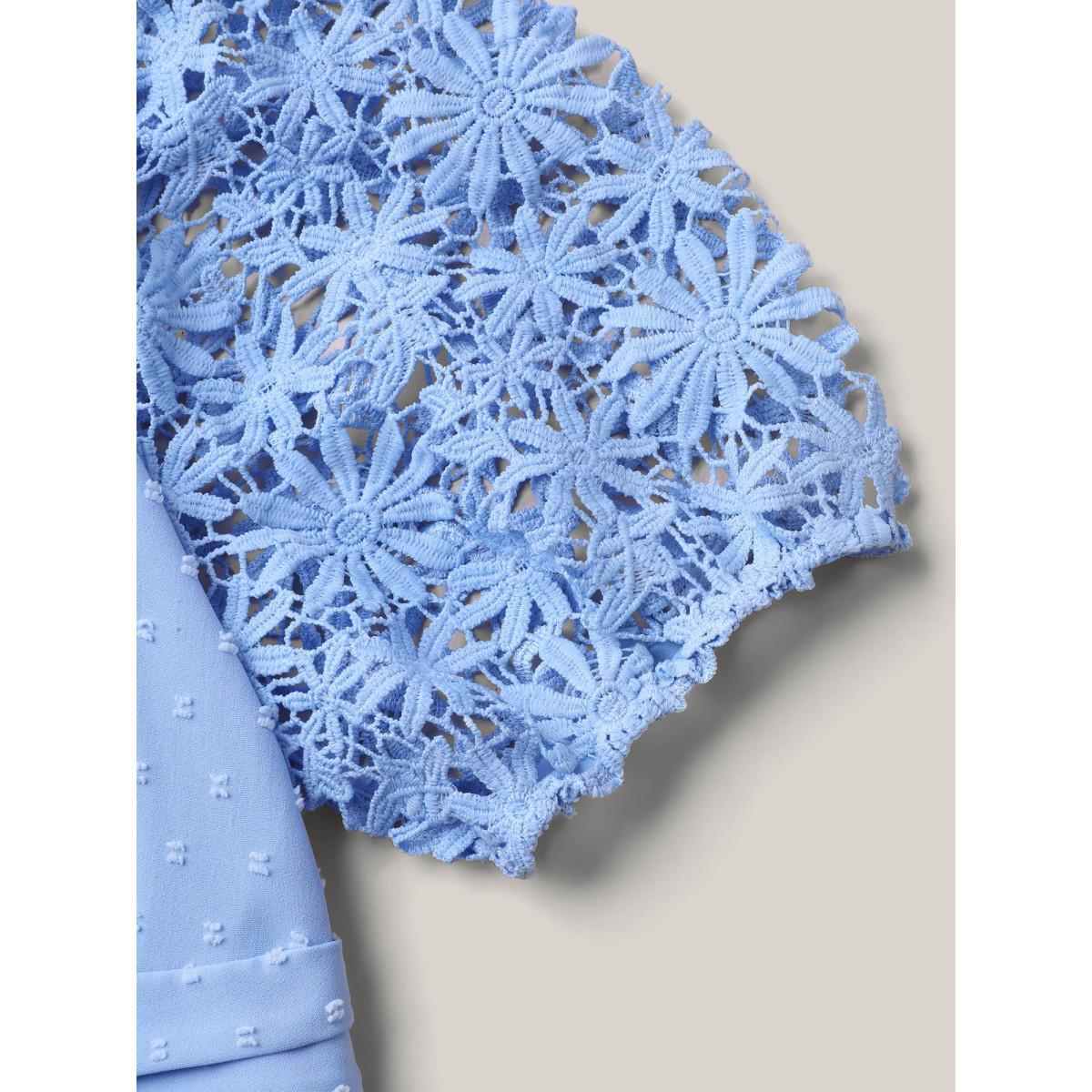 Plus Size Textured Lace Sleeve Stretchy Waist Midi Dress Skyblue Women Timeless Woven ribbon&lace trim Square Neck Short sleeve Curvy BloomChic 18-20/2X Product Image