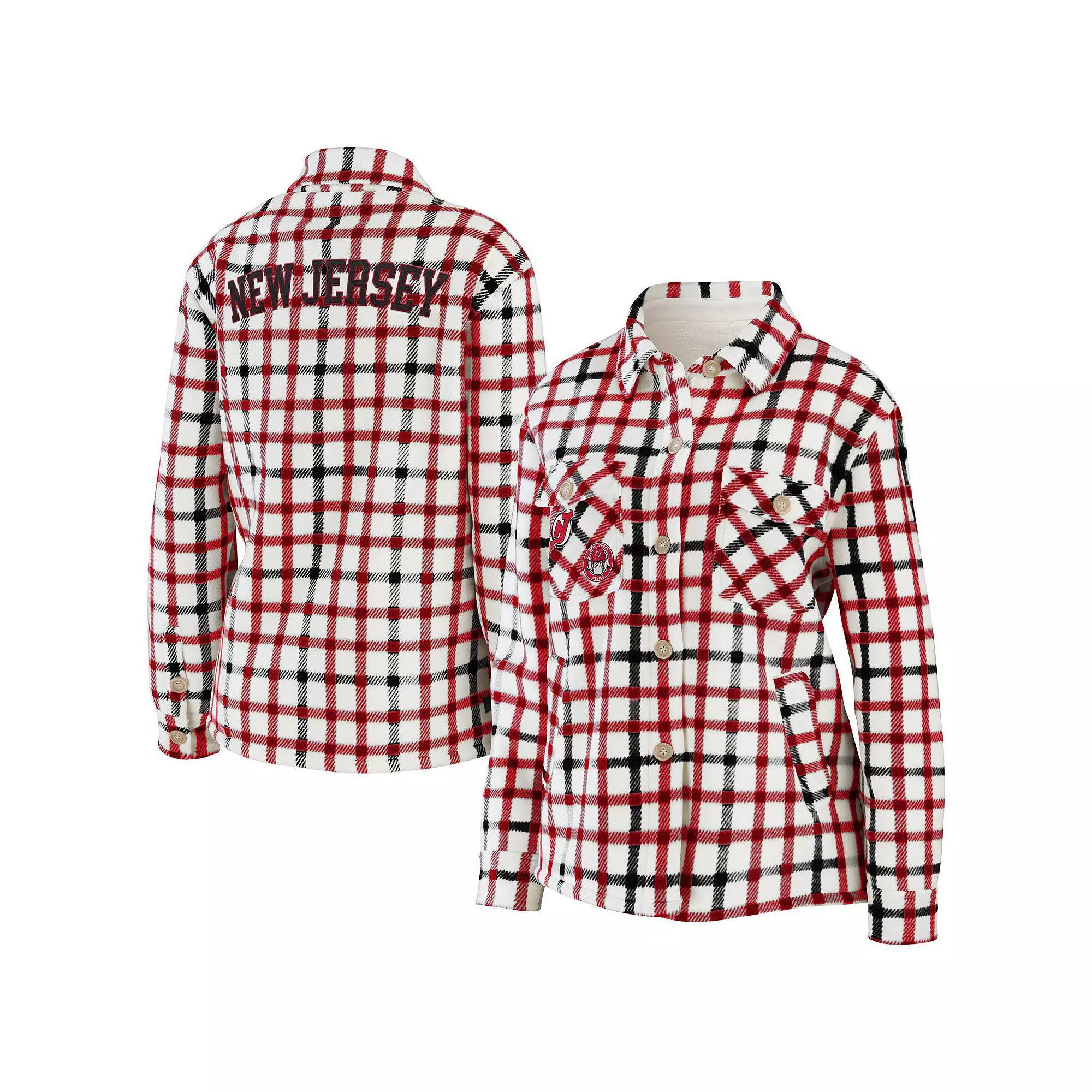 Women's WEAR by Erin Andrews Oatmeal New Jersey Devils Plaid Button-Up Shirt Jacket, Size: XL, Nhl Team Product Image