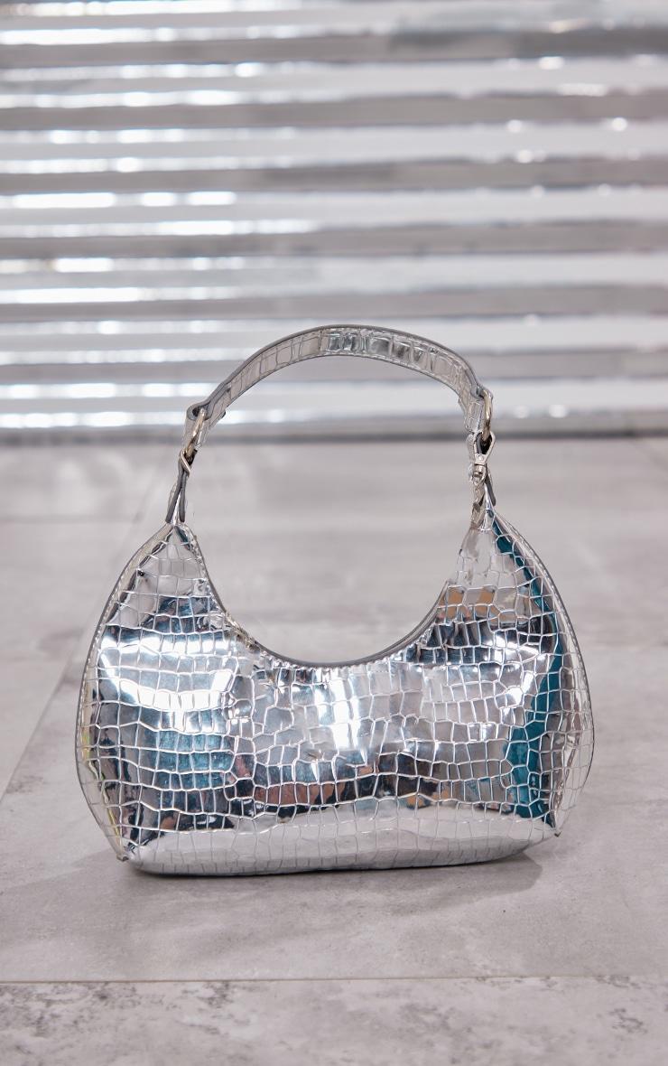 Silver Mirrored Croc Curved Shoulder Bag Product Image