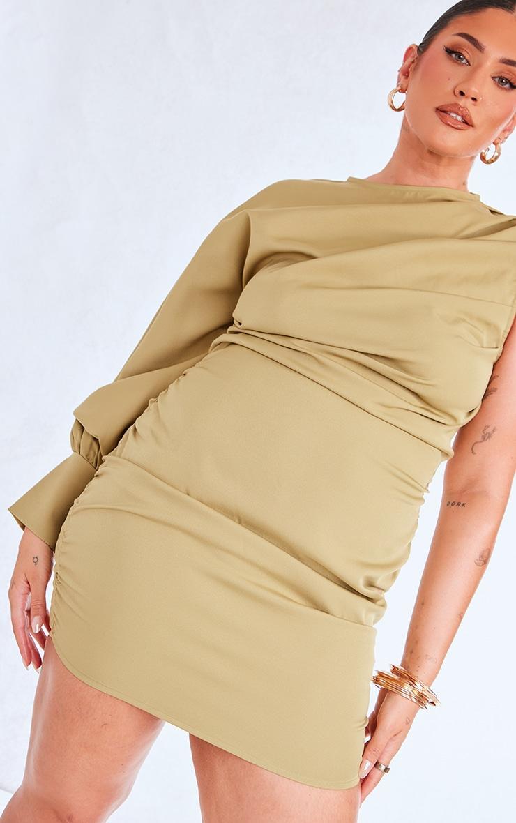 Plus Sage Green One Sleeve Ruched Woven Bodycon Dress Product Image