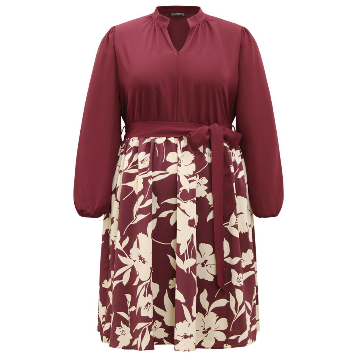 Plus Size Silhouette Floral Print Belted Pleated Dress Scarlet Women Office Elastic cuffs Notched collar Long Sleeve Curvy Knee Dress BloomChic 14-16/1X Product Image